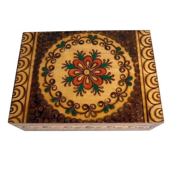 Vintage Polish Handcrafted Wooden Jewelry Trinket Box Pyrography Floral Folk Art - Picture 1 of 13